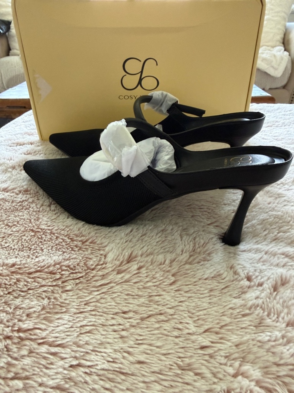 COSY Black Pointed-Toe Slingback Mules with Kitten Heel